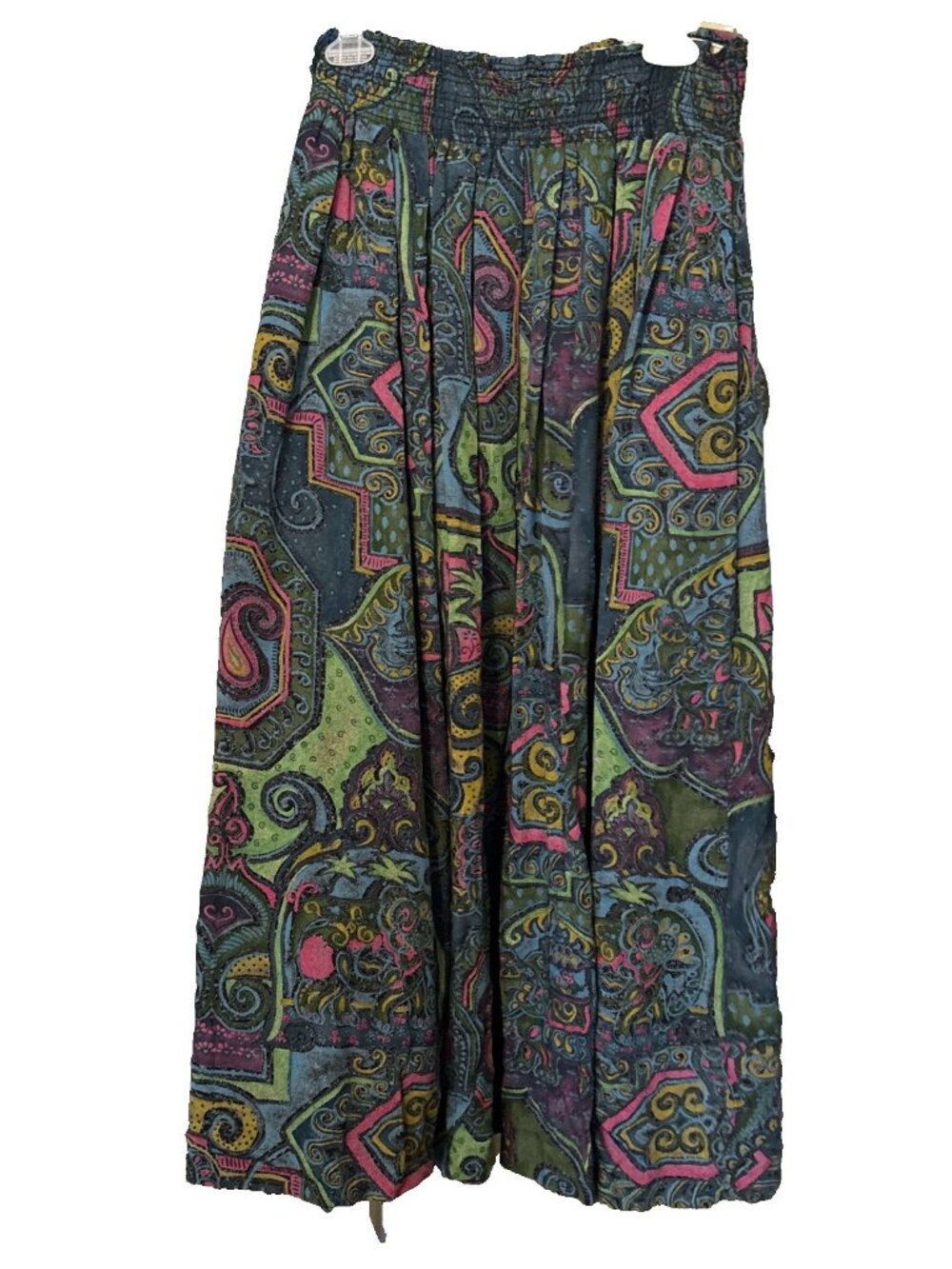 VTG KAREN KANE Boho Floral Paisley Print Side PKTS Pleated Midi Skirt Elastic 12